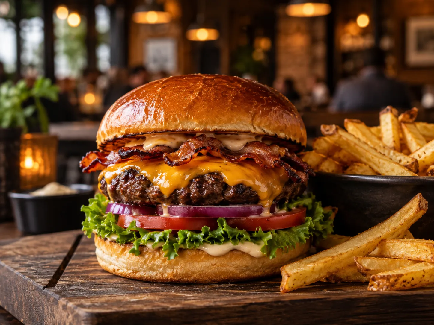 Sappige burger met friet in een warm restaurant